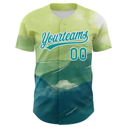 Custom Baseball Jersey with Personalized Name and Number, 3D Pattern Design Watercolor Mountains in Green, Teal, and White