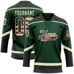 Custom USA Flag Hockey Jersey with Personalized Name and Number - Vintage Green Black Cream Lace Neck Design Personalized