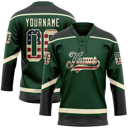 Custom USA Flag Hockey Jersey with Personalized Name and Number - Vintage Green Black Cream Lace Neck Design Personalized