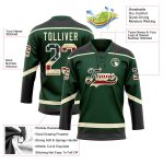 Custom USA Flag Hockey Jersey with Personalized Name and Number - Vintage Green Black Cream Lace Neck Design Personalized