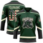 Custom USA Flag Hockey Jersey with Personalized Name and Number - Vintage Green Black Cream Lace Neck Design Personalized