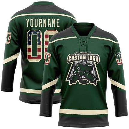 Custom USA Flag Hockey Jersey with Personalized Name and Number - Vintage Green Black Cream Lace Neck Design Personalized
