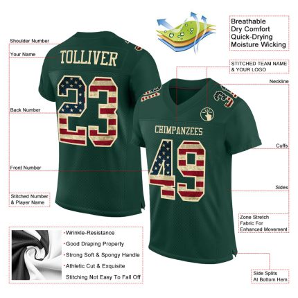 Custom Vintage USA Flag Football Jersey - Personalized Green Cream Team Design with Name and Number Personalized Green Vintage