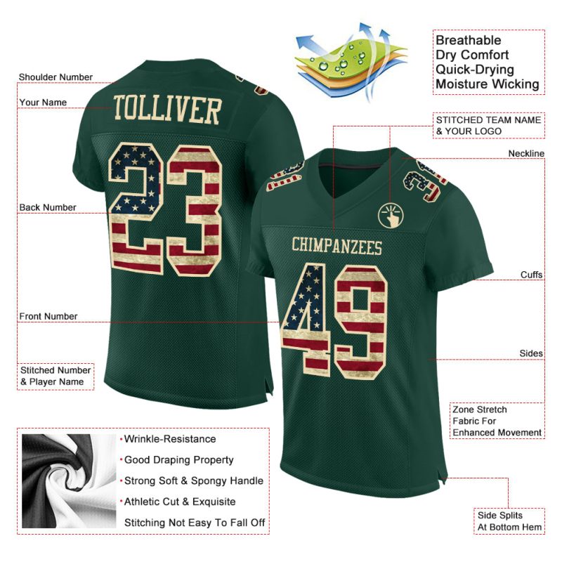 Custom Vintage USA Flag Football Jersey - Personalized Green Cream Team Design with Name and Number Personalized Green Vintage