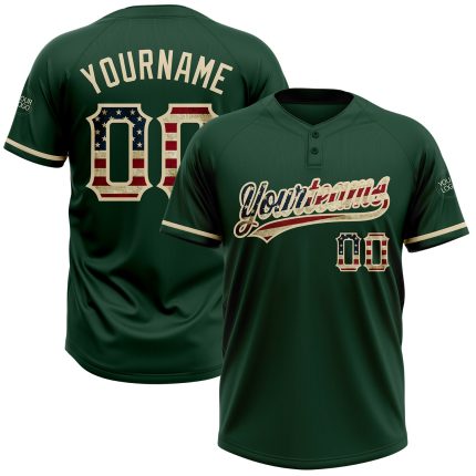 Personalized Vintage USA Flag Softball Jersey Unisex Two-Button Custom Name Number - City Cream Personalized Green Vintage