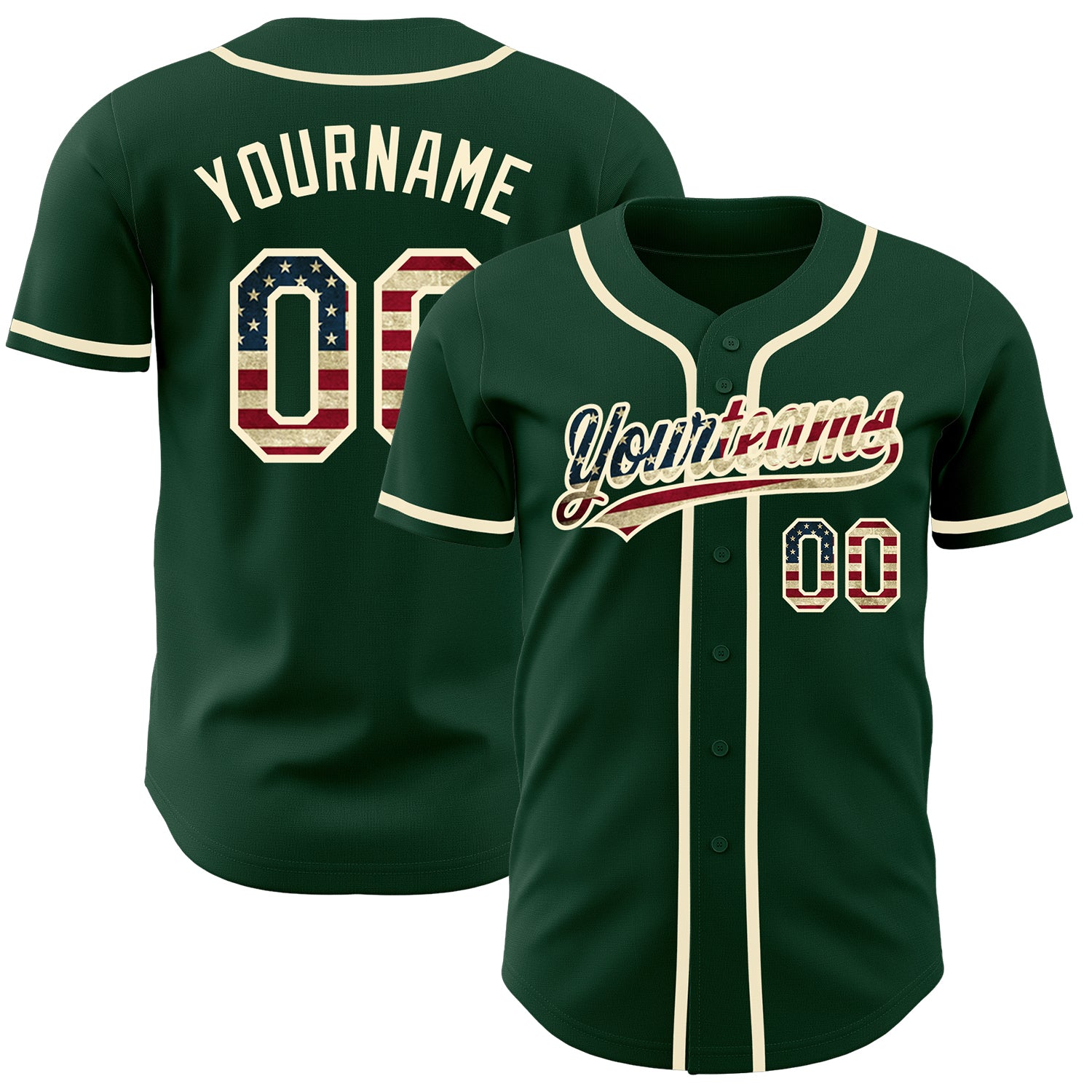 Custom Name and Number Vintage Green USA Flag Baseball Jersey - Authentic Cream Team Jersey Personalized Green Vintage USA