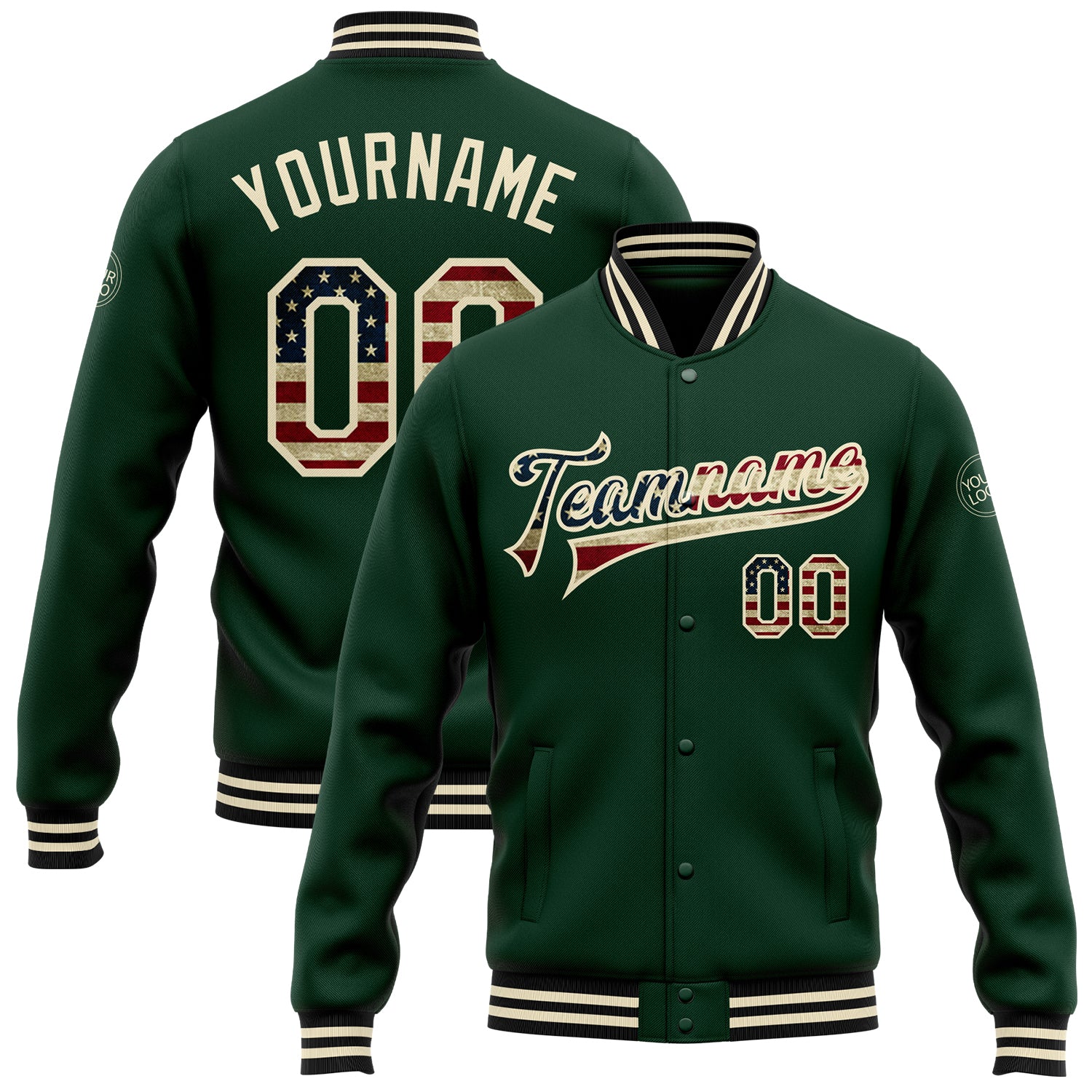 Custom Vintage USA Flag Bomber Jacket with Name and Number - Green Cream-Black Varsity Full-Snap Letterman Jacket Personalized