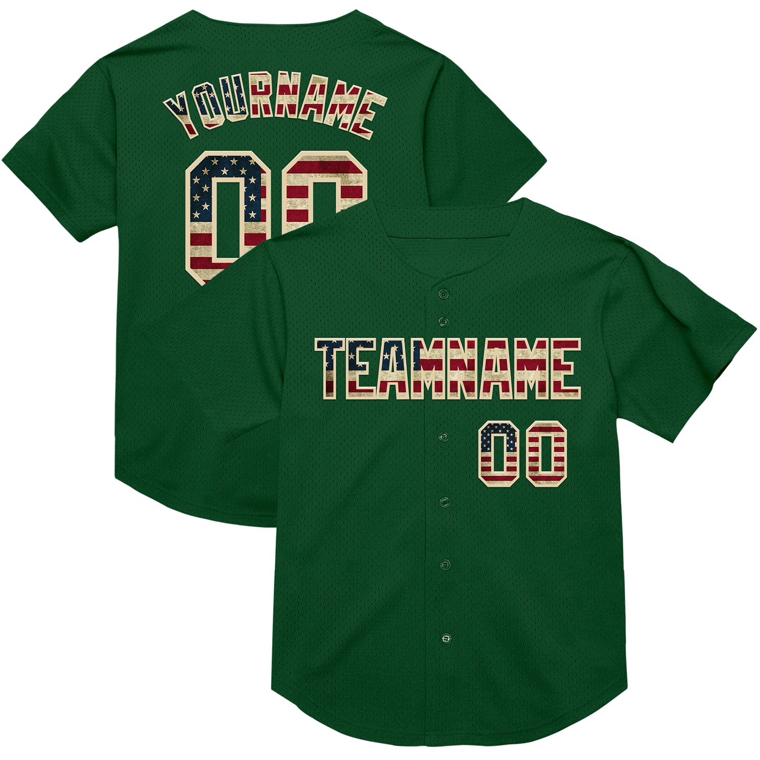 Custom Vintage USA Flag Baseball Jersey - Personalized Green Cream Mesh Authentic with Name and Number Personalized Green