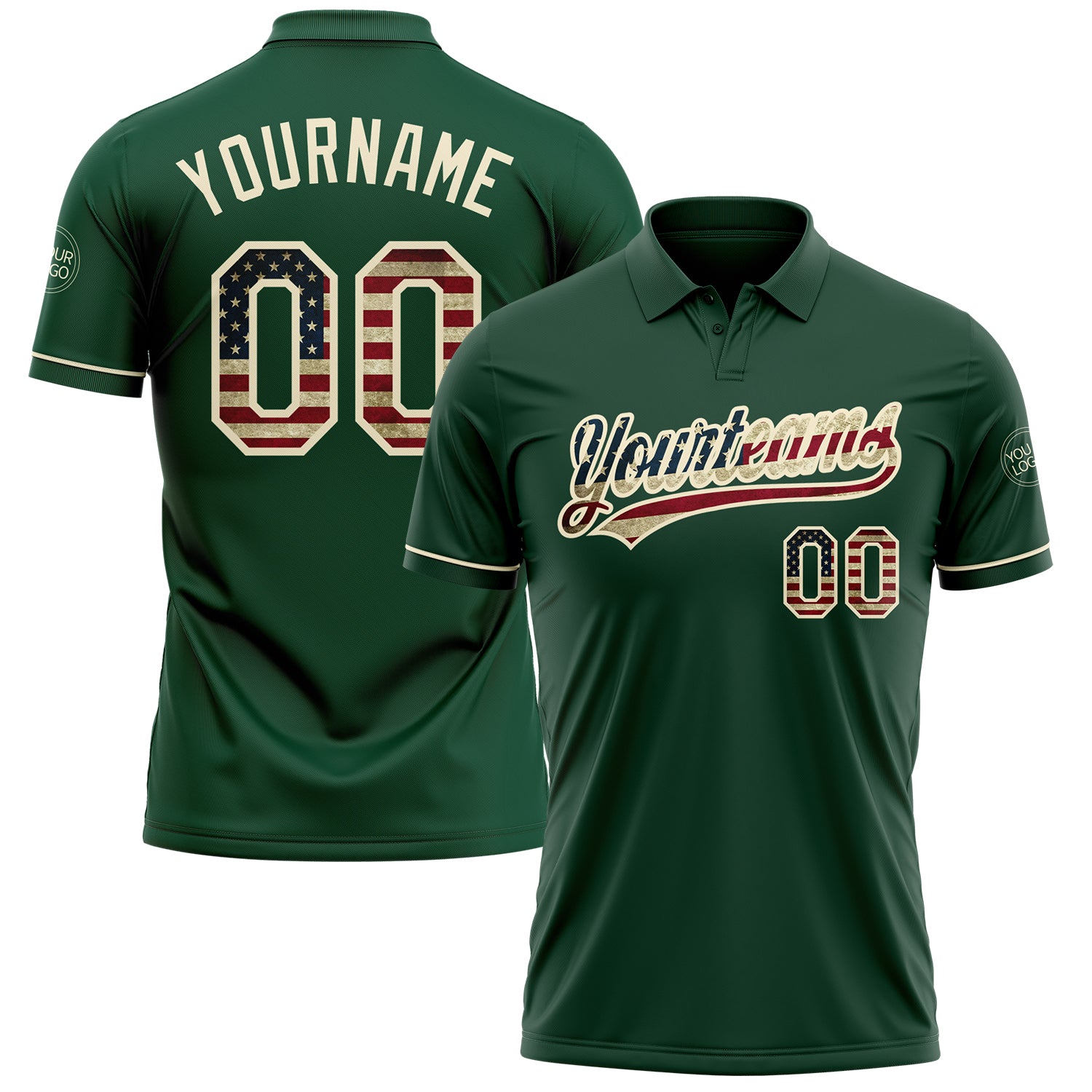 Custom Vintage USA Flag Golf Polo Shirt - Personalized Cream Performance Vapor with Team Name and Number Personalized Green