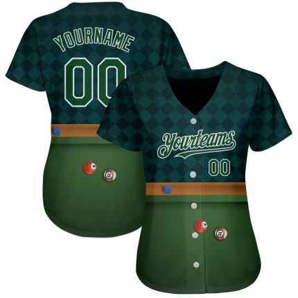 Custom Name and Number Billiards Baseball Jersey - Personalized Green White 3D Pattern Design Personalized Green White 3D