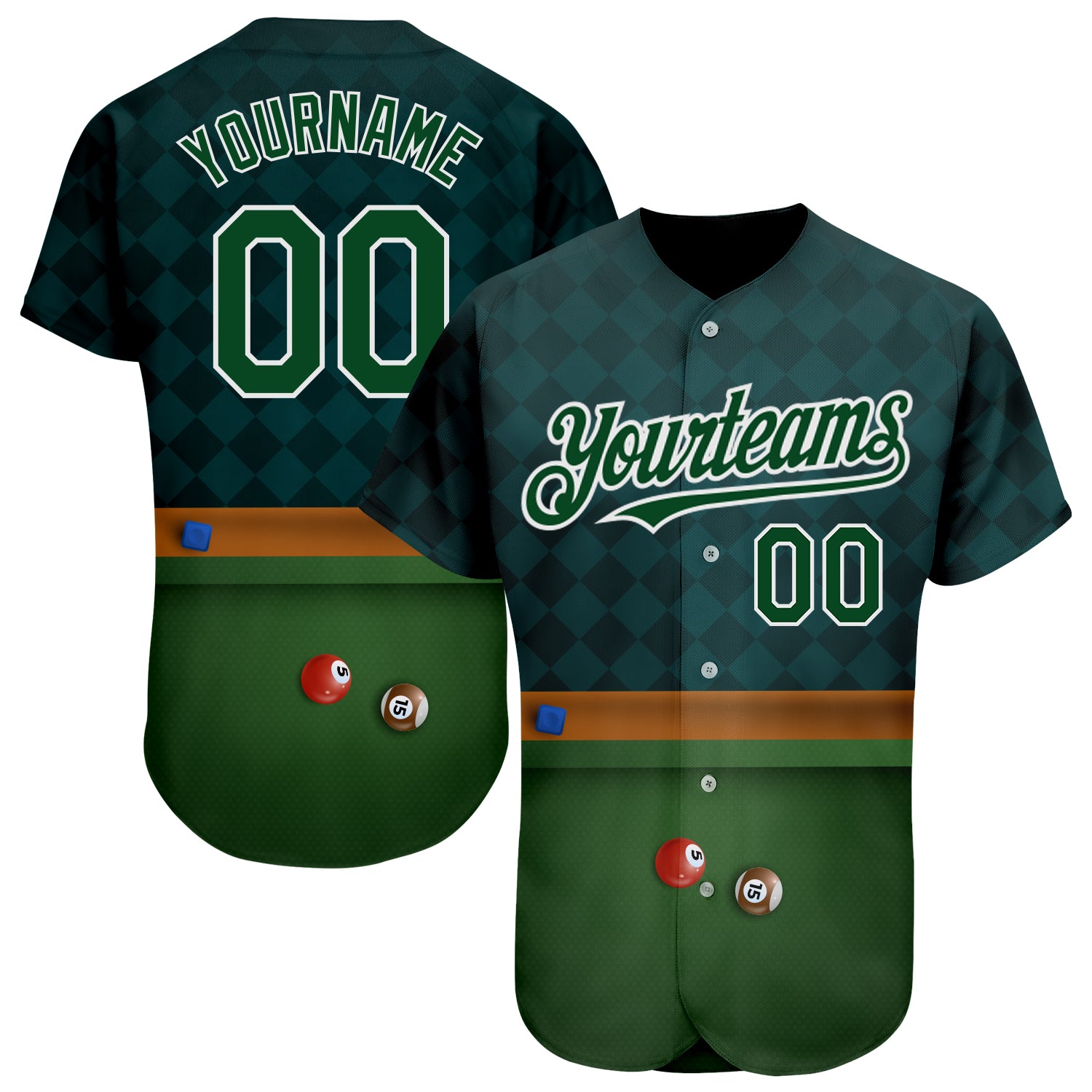 Custom Name and Number Billiards Baseball Jersey - Personalized Green White 3D Pattern Design Personalized Green White 3D