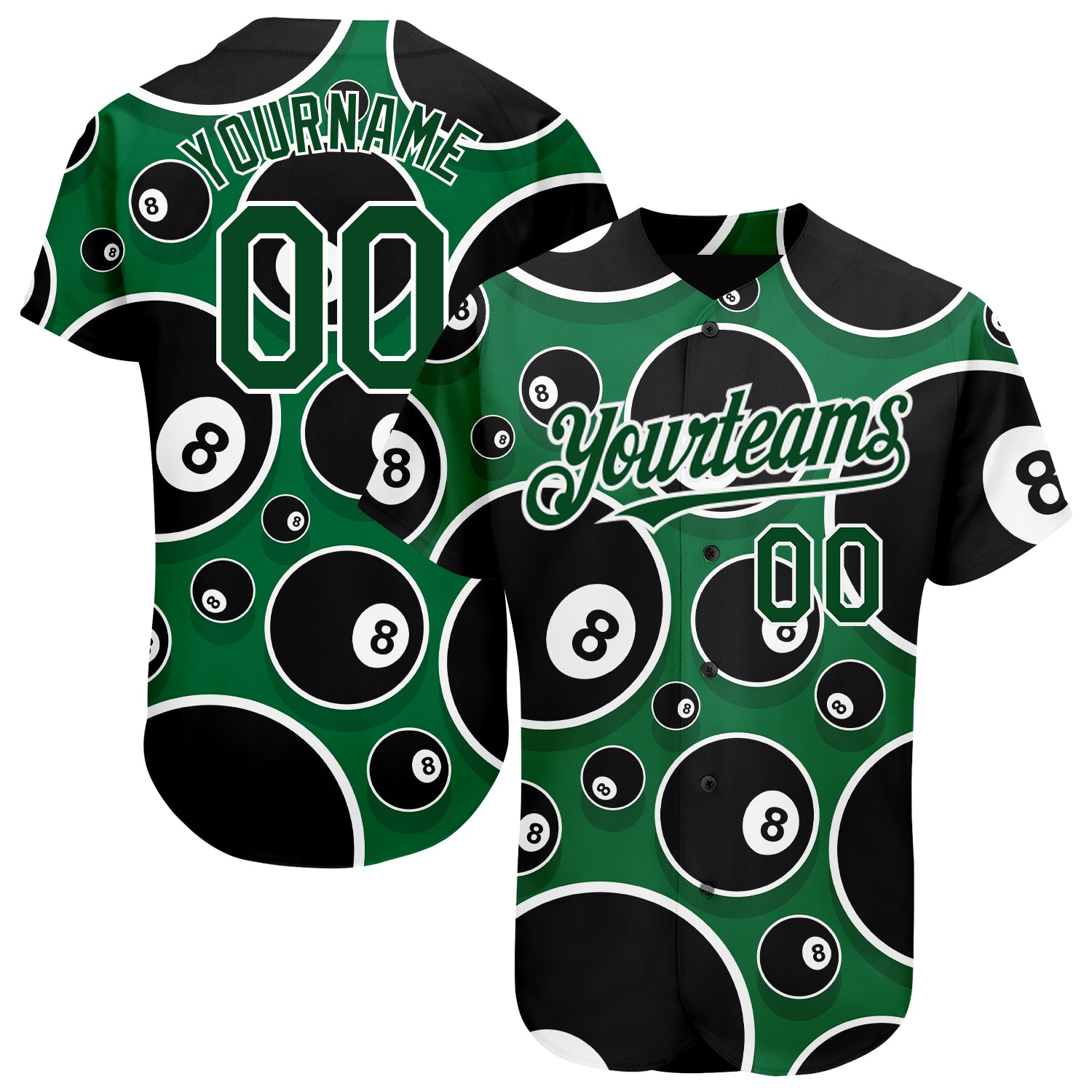 Personalized 3D Pattern Design Green White Baseball Jersey for Billiards Snooker 8 Ball Personalized Green White 3D Pattern