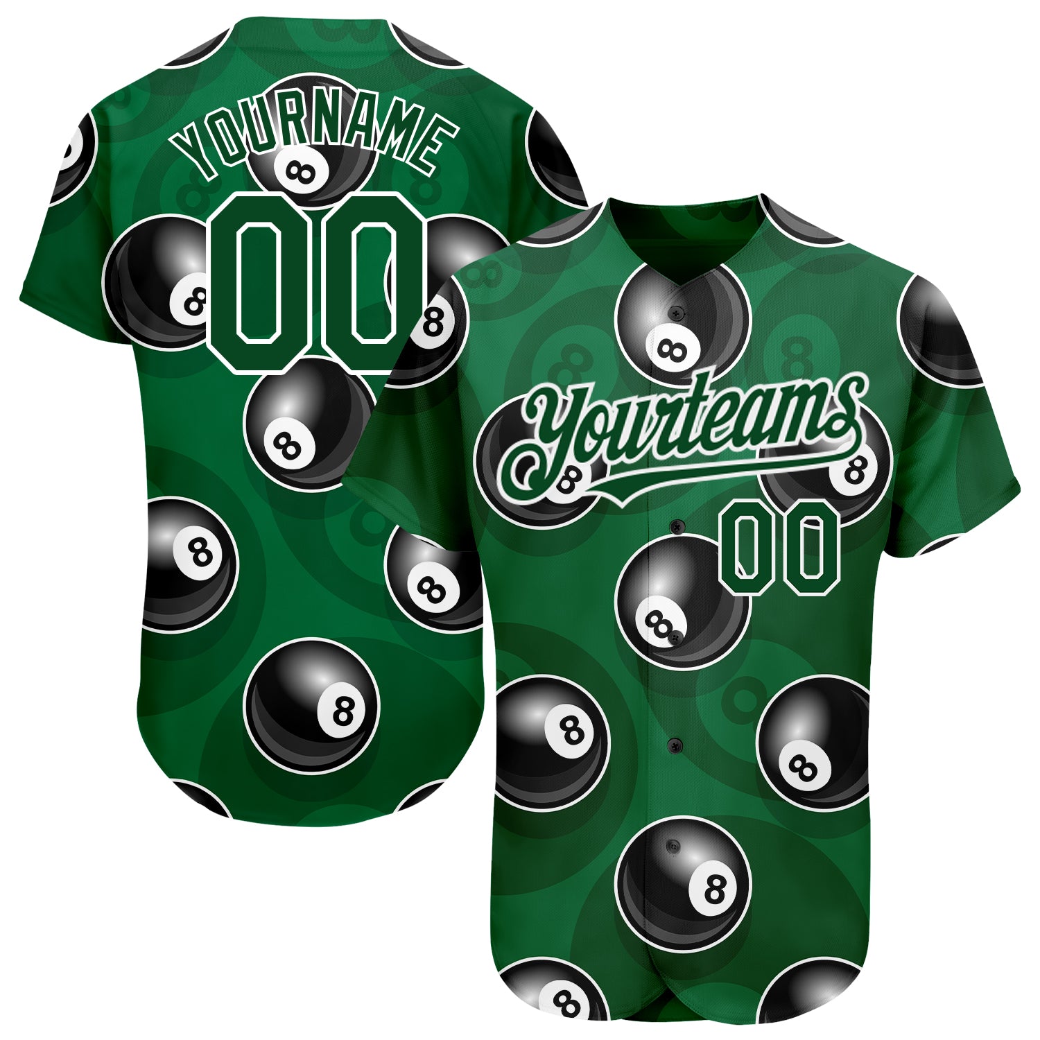 Custom Name and Number 3D Pattern Design Billiards Snooker Jersey - Personalized Green White Baseball Team Jersey Personalized