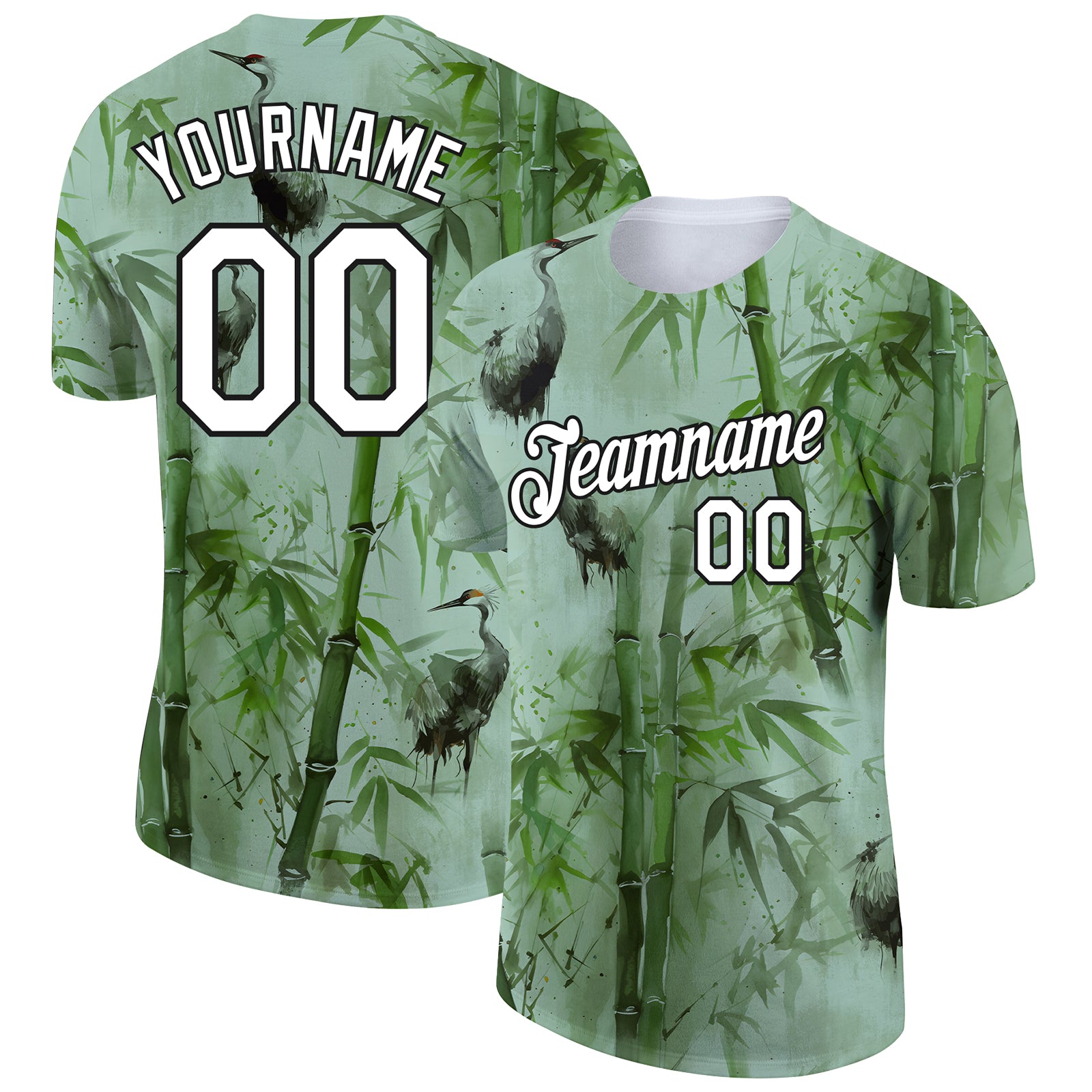 Custom Name and Number Personalized 3D Bamboo and Crane Performance T-Shirt - Green Black White Team Apparel Personalized