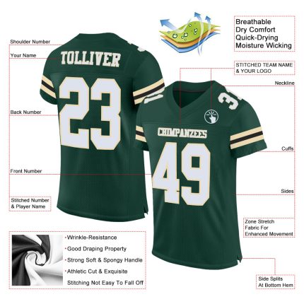 Custom Name Number Authentic Football Jersey - Personalized Green White City Cream Black Mesh Personalized Green White City