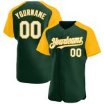 Custom Name Number Baseball Jersey - Personalized Green White Gold Authentic Raglan Sleeves Team Apparel Personalized Green