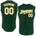 Personalized Authentic Baseball Jersey in Green, White, and Gold, Sleeveless Design Personalized Green White-Gold Authentic