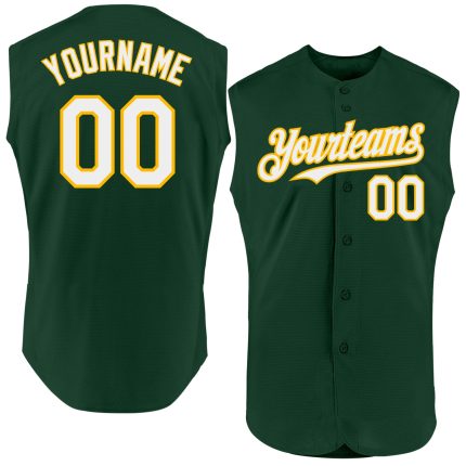 Personalized Authentic Baseball Jersey in Green, White, and Gold, Sleeveless Design Personalized Green White-Gold Authentic