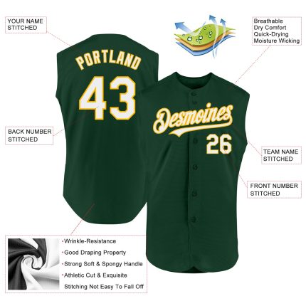 Personalized Authentic Baseball Jersey in Green, White, and Gold, Sleeveless Design Personalized Green White-Gold Authentic