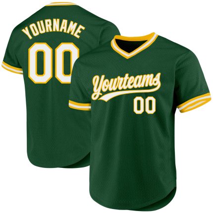 Custom Name and Number Authentic Baseball Jersey - Personalized Green White-Gold Throwback Style Personalized Green White-Gold