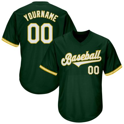 Custom Name and Number Baseball Jersey Shirt - Personalized Green White Gold Authentic Throwback Rib-Knit Design Personalized