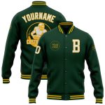 Personalized Green White Gold Varsity Jacket Full-Snap Bomber Letterman Personalized Green White-Gold Bomber Full-Snap Varsity