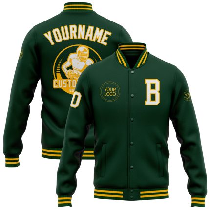 Personalized Green White Gold Varsity Jacket Full-Snap Bomber Letterman Personalized Green White-Gold Bomber Full-Snap Varsity