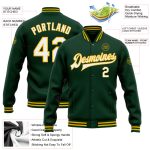 Custom Team Name and Number Green White-Gold Bomber Varsity Letterman Jacket Full-Snap Personalized Design Personalized Green