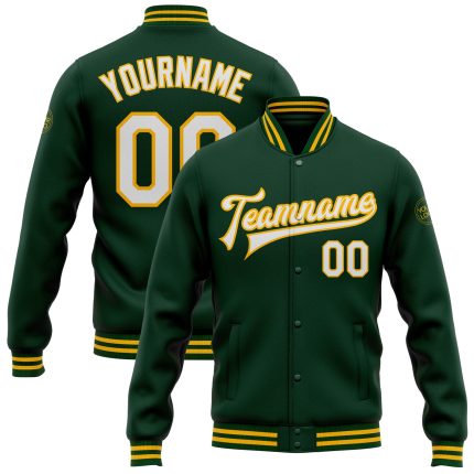 Custom Team Name and Number Green White-Gold Bomber Varsity Letterman Jacket Full-Snap Personalized Design Personalized Green
