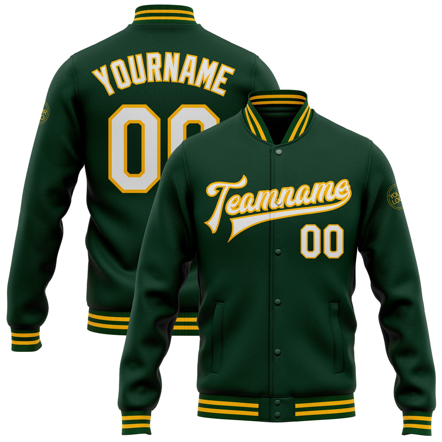 Custom Team Name and Number Green White-Gold Bomber Varsity Letterman Jacket Full-Snap Personalized Design Personalized Green
