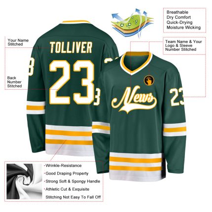 Custom Name and Number Personalized Green White-Gold Hockey Jersey - Team Apparel Personalized Green White-Gold Hockey Jersey
