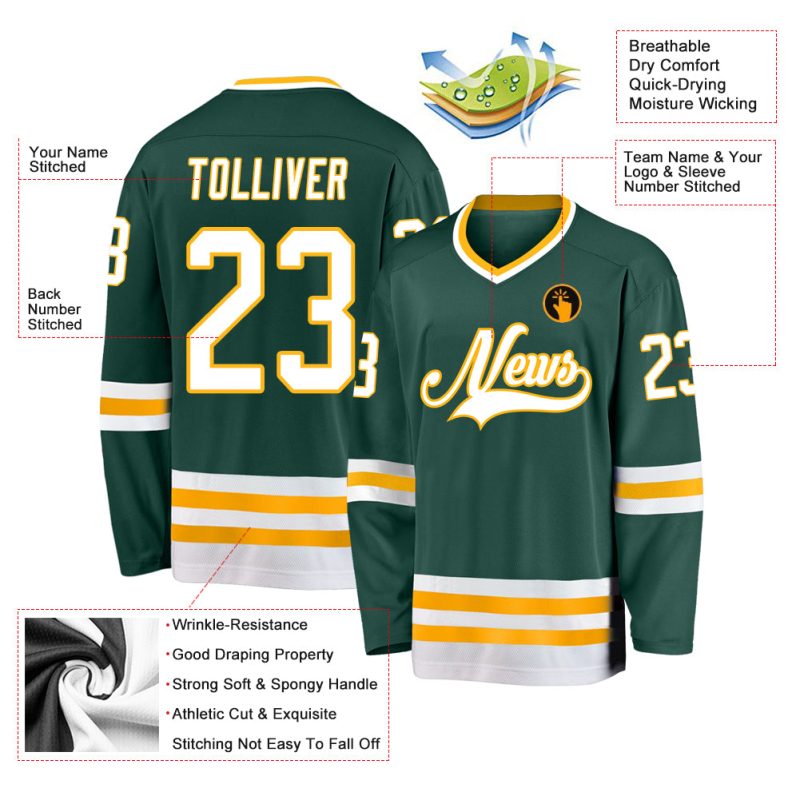 Custom Name and Number Personalized Green White-Gold Hockey Jersey - Team Apparel Personalized Green White-Gold Hockey Jersey
