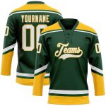 Custom Name Number Hockey Jersey - Personalized Green White Gold Lace Neck Team Personalized Green White-Gold Hockey Lace