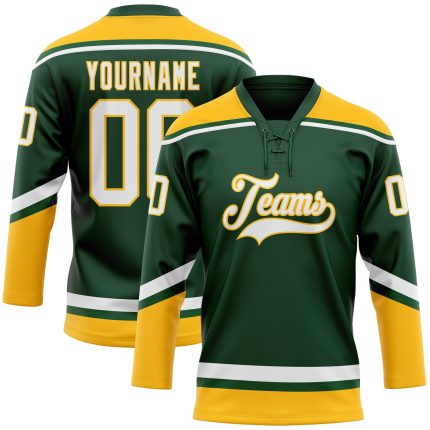 Custom Name Number Hockey Jersey - Personalized Green White Gold Lace Neck Team Personalized Green White-Gold Hockey Lace