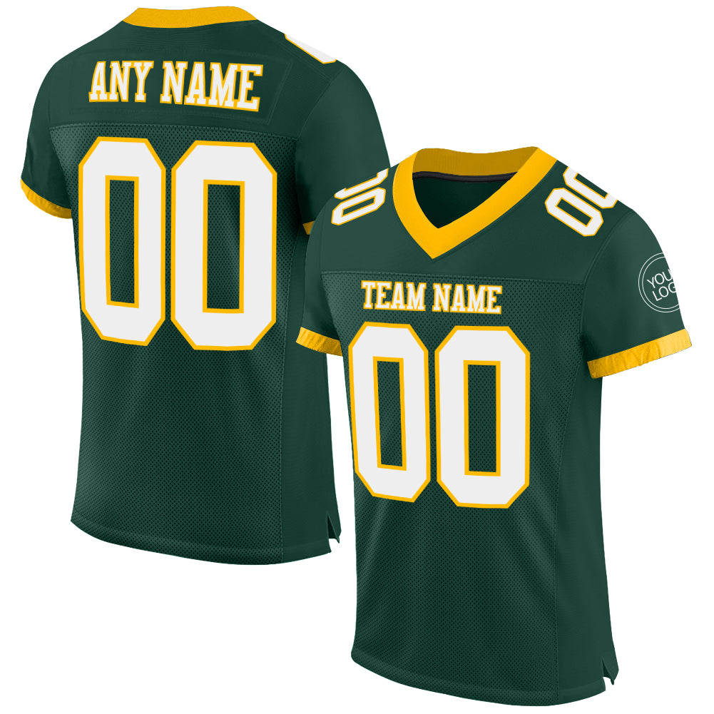 Personalized Green White Gold Authentic Football Jersey - Customizable Mesh Design Personalized Green White-Gold Mesh Authentic