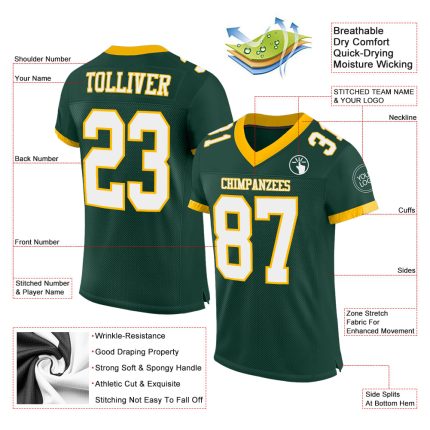 Personalized Green White Gold Authentic Football Jersey - Customizable Mesh Design Personalized Green White-Gold Mesh Authentic