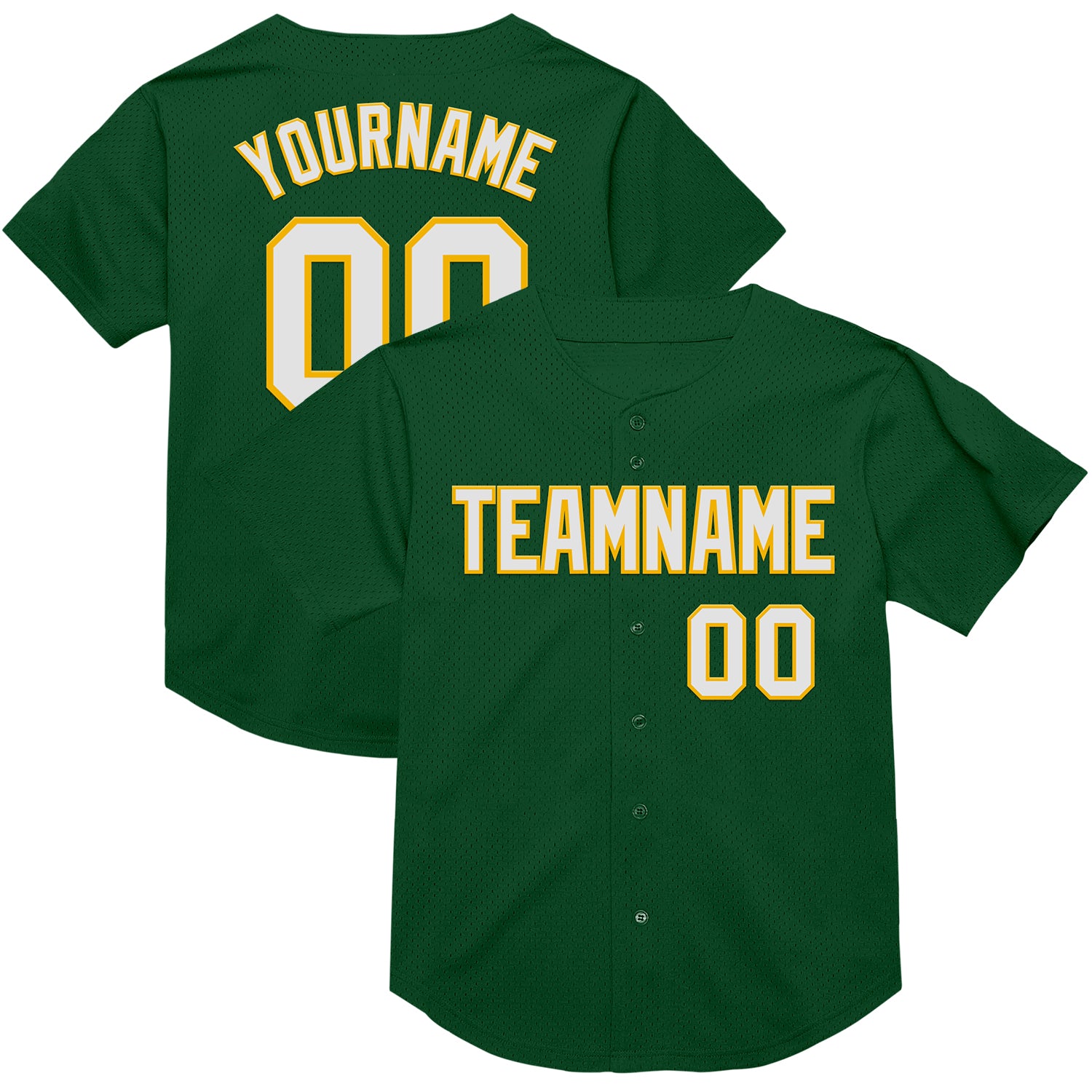 Custom Name Number Baseball Jersey - Personalized Green White Gold Mesh Authentic Throwback Team Design Personalized Green