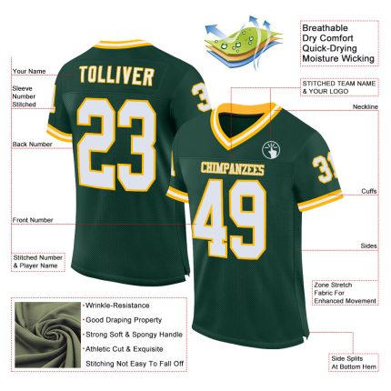Personalized Green White Gold Football Jersey Authentic Throwback Style Personalized Green White-Gold Mesh Authentic Throwback