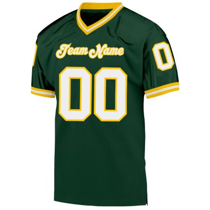 Custom Team Name and Number Football Jersey - Authentic Green White-Gold Mesh Throwback Design Personalized Green White-Gold