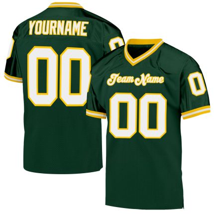 Custom Team Name and Number Football Jersey - Authentic Green White-Gold Mesh Throwback Design Personalized Green White-Gold
