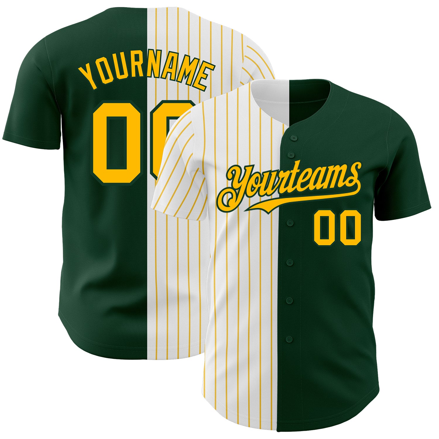 Custom Personalized Baseball Jersey with Green White-Gold Pinstripes - Team Name and Number Authentic Fashion Style Personalized
