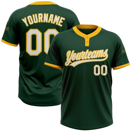 Custom Name and Number Unisex Softball Jersey in Green White Gold - Personalized Two-Button Design Personalized Green White-Gold