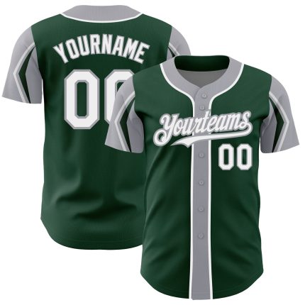 Personalized Baseball Jersey with Custom Name and Number in Green White Gray Colors - Authentic Arm Shapes Personalized Green