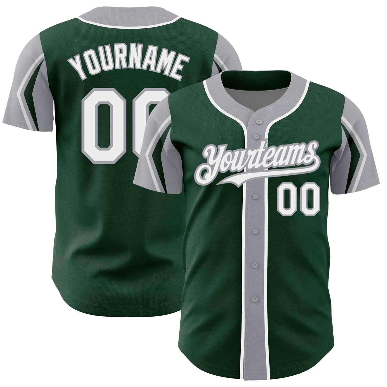 Personalized Baseball Jersey with Custom Name and Number in Green White Gray Colors - Authentic Arm Shapes Personalized Green