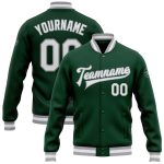 Custom Name Number Bomber Jacket Green White-Gray Varsity Letterman Full-Snap Personalized Team Design Personalized Green
