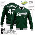 Custom Name Number Bomber Jacket Green White-Gray Varsity Letterman Full-Snap Personalized Team Design Personalized Green