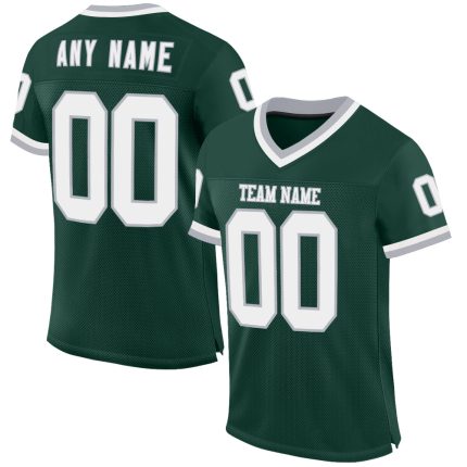 Personalized Green White Gray Authentic Throwback Football Jersey - Customizable Mesh Design Personalized Green White-Gray