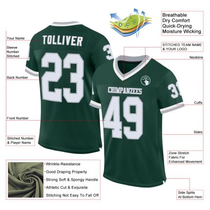Personalized Green White Gray Authentic Throwback Football Jersey - Customizable Mesh Design Personalized Green White-Gray