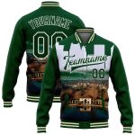 Personalized Lake Merritt Oakland Varsity Letterman Jacket Custom Name & Number Green White 3D Bomber Full-Snap Personalized