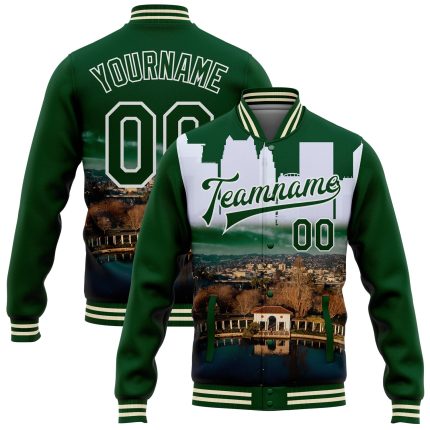Personalized Lake Merritt Oakland Varsity Letterman Jacket Custom Name & Number Green White 3D Bomber Full-Snap Personalized